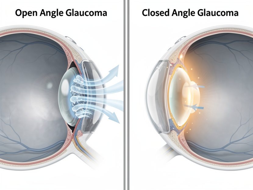 A cross-section medical illustration comparing open angle glaucoma with a clogged trabecular meshwork and closed angle glaucoma with a blocked drainage angle due to the iris, highlighting the differences in fluid drainage.