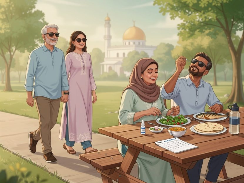 South Asian men and women managing glaucoma through a healthy lifestyle, walking together in a park, eating a balanced meal with leafy greens, fish, and traditional Pakistani food, using eye drops, and wearing sunglasses in a serene outdoor setting with trees in the background.