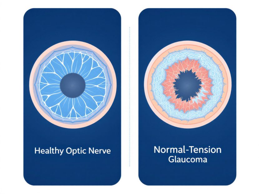 ide-by-side comparison of a healthy optic nerve and an optic nerve damaged by normal-tension glaucoma